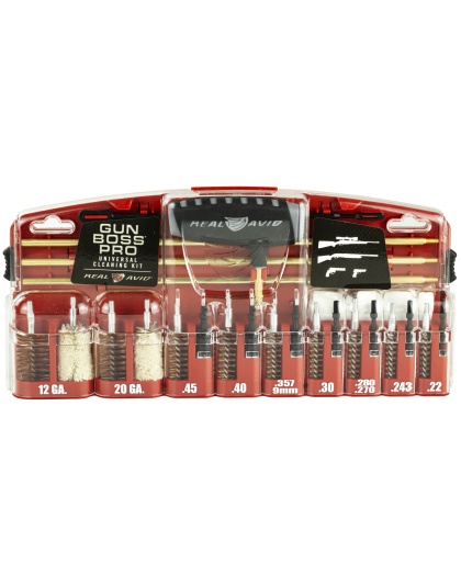 Real Avid Cleaning Kit, Gun Boss Pro-Universal Gun Cleaning Kit, Multi-Function Handle, Three Brass Rod Sections, Kickstand Tool Case, Labeled compartments, Fits .22, .243, .280, .270, .30, .357, 9mm, .40, .45, 20Ga, 12Ga