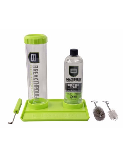 Breakthrough Clean Technologies Suppressor Cleaning Kit, Includes 16 OZ Bottle of Suppressor Cleaner, Suppressor Cleaning Submission Tube, Submission Hook, Metal and Nylon Cleaning Brushes, and Cleaning Tray