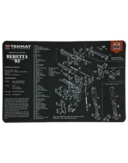 TekMat Beretta 92 Pistol Mat, 11"x17", Black, Includes Small Microfiber TekTowel, Packed in Tube