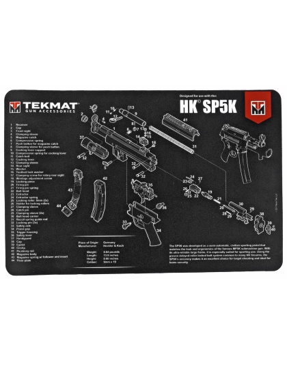TekMat Pistol Mat For Heckler & Koch SP5K, 11"x17", Black, Includes Small Microfiber TekTowel, Packed In Tube