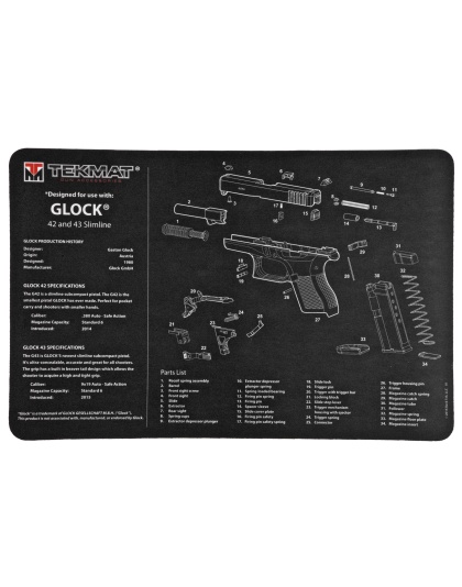 TekMat Pistol Mat, Glock 42/43, 11"x17", Black, Includes Small Microfiber TekTowel, Packed In Tube