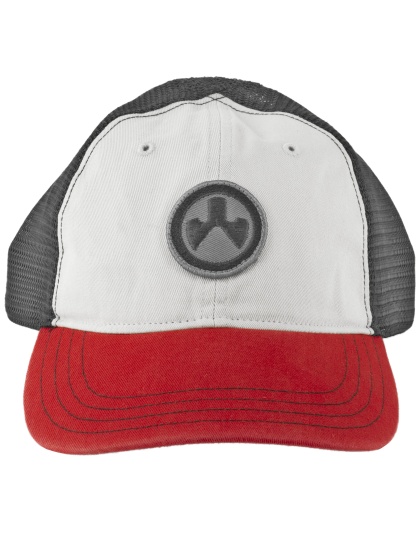 Magpul Industries Icon Patch Garment Washed Trucker Hat, Stone/Black/Red, One Size Fits Most