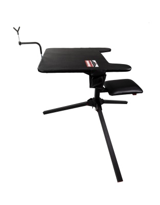 Birchwood Casey Swivel Action Shooting Bench, Seat and Top Swivel 360 Degrees, Extended Armrests, Adjustable Rubber Coated Gun Rest, 2 Shell Gear Pockets, Rated for 300LBS, Black