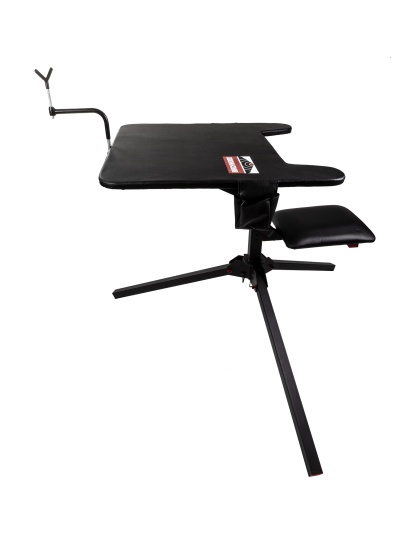 Birchwood Casey Swivel Action Shooting Bench, Seat and Top Swivel 360 Degrees, Extended Armrests, Adjustable Rubber Coated Gun Rest, 2 Shell Gear Pockets, Rated for 300LBS, Black