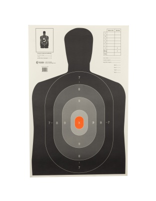 Action Target B-27E Pros Target, Shaded Scoring Rings Starting Outside And Going Dark To Light With A Bright Orange Center, Silhouette Cut Off Below Ring 7, 23"x35", 100 Per Box