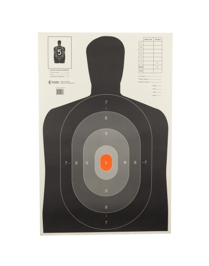 Action Target B-27E Pros Target, Shaded Scoring Rings Starting Outside And Going Dark To Light With A Bright Orange Center, Silhouette Cut Off Below Ring 7, 23"x35", 100 Per Box
