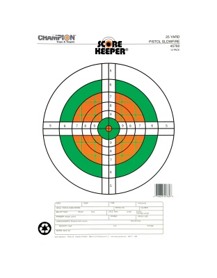 Champion Traps & Targets Fluorescent Orange/Green Bullseye Scorekeeper Target, 25 Yard Pistol Slow Fire, 12 Pack