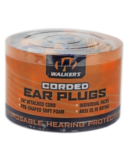 Walker's Corded Ear Plug, Foam, Orange, Tub Contains 50 (2) Plug Pairs